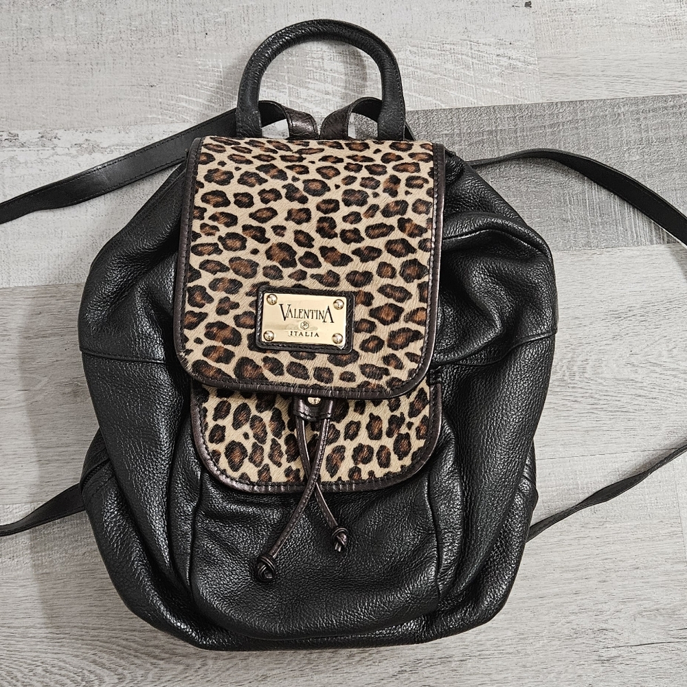 Valentina Black Leather Backpack Cheetah Calf Hair Flaps